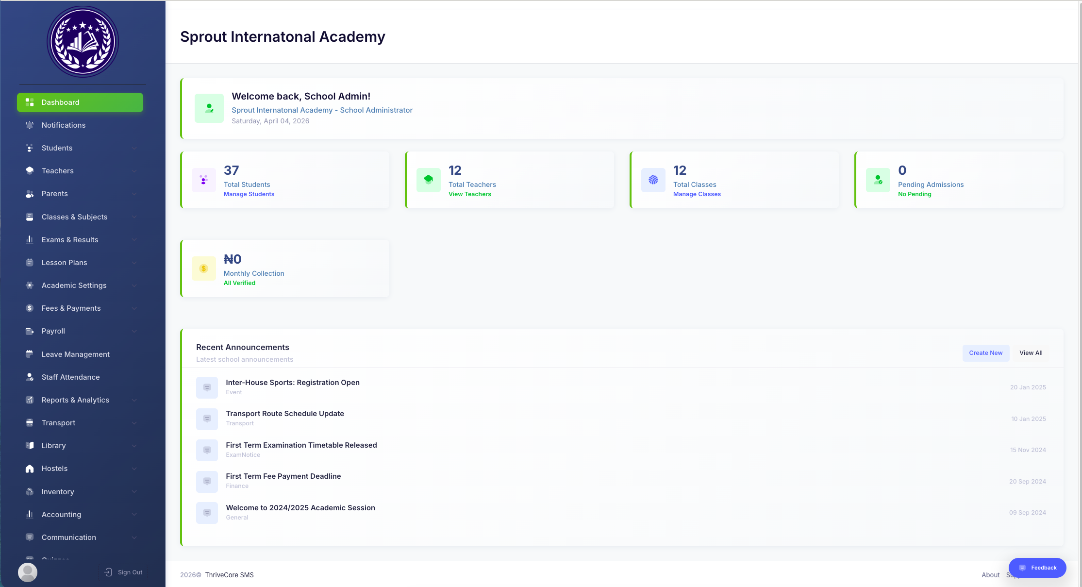 ThriveCoreSMS School Admin Dashboard